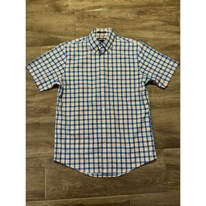Lands End Men's S Buttondown Short Sleeve Shirt Orange Blue Plaid NWOT